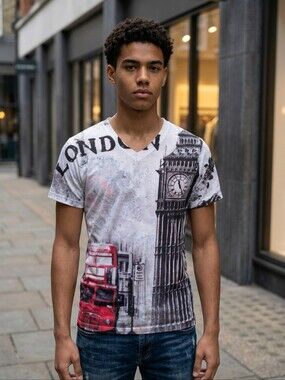 TRUE ROCK Men's Short Sleeve London Graphic Tee in White, Black, Red
